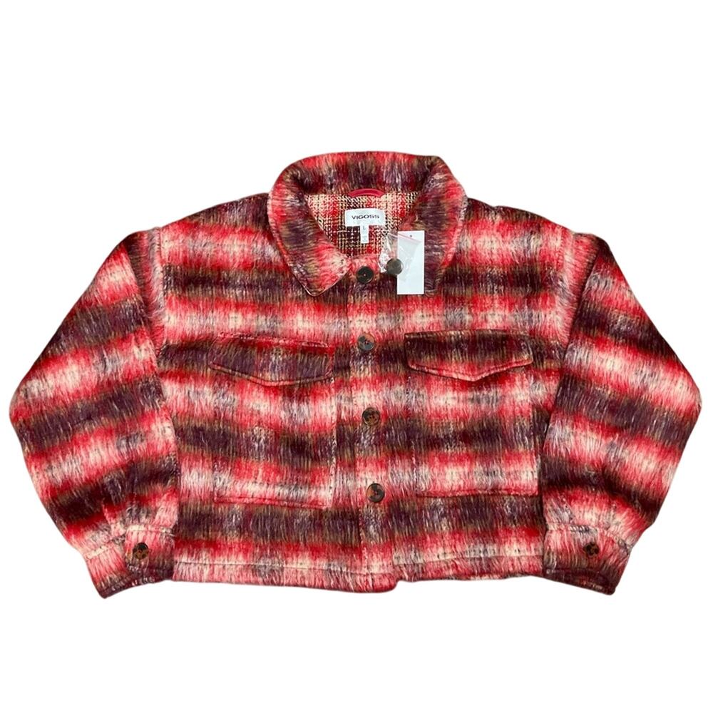 NOT FOR SALE Vigoss Women's Jacket Brushed Plaid Crop Red Size Large NWT